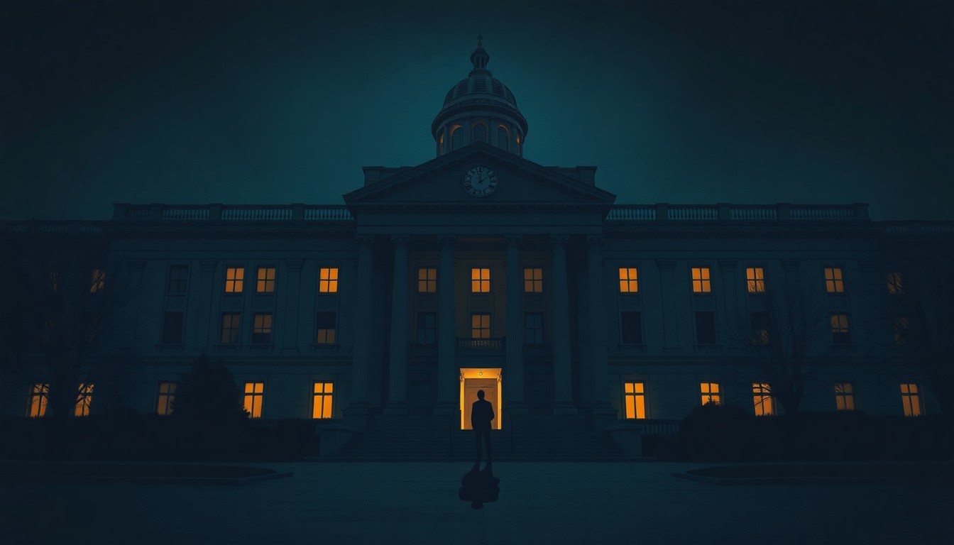 A cinematic, moody painting of a solitary government building at night, with a lone figure standing in a doorway, casting a long shadow. The muted colors of deep blues, grays, and ochres evoke a sense of political tension and unease.