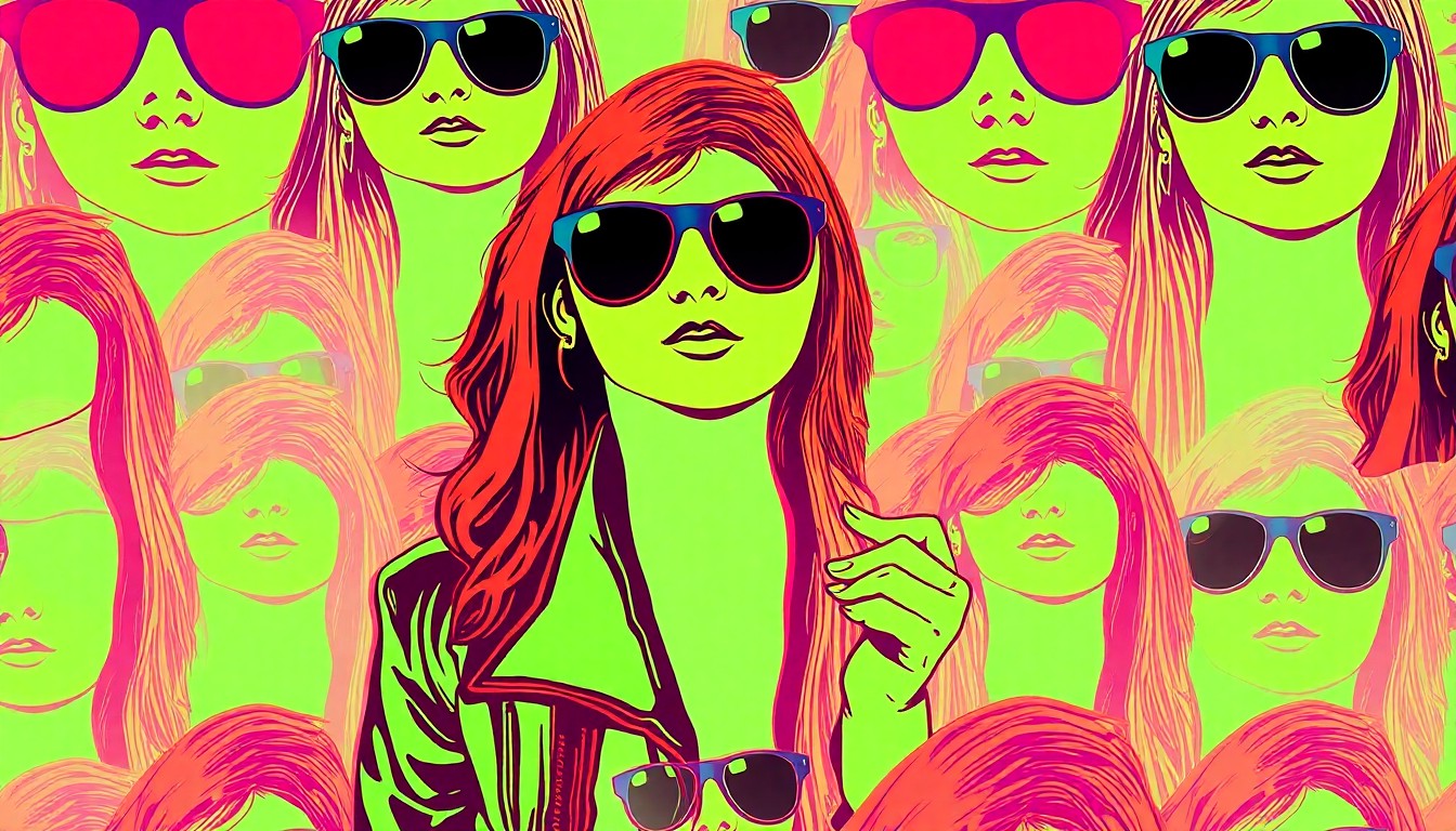 A high-contrast silkscreen print of a single, iconic Coachella fashion item like a pair of sunglasses or a leather jacket, repeated in a tight grid pattern in vibrant neon colors and heavy black outlines, conceptually representing the shift towards a more minimalist and authentic festival style.
