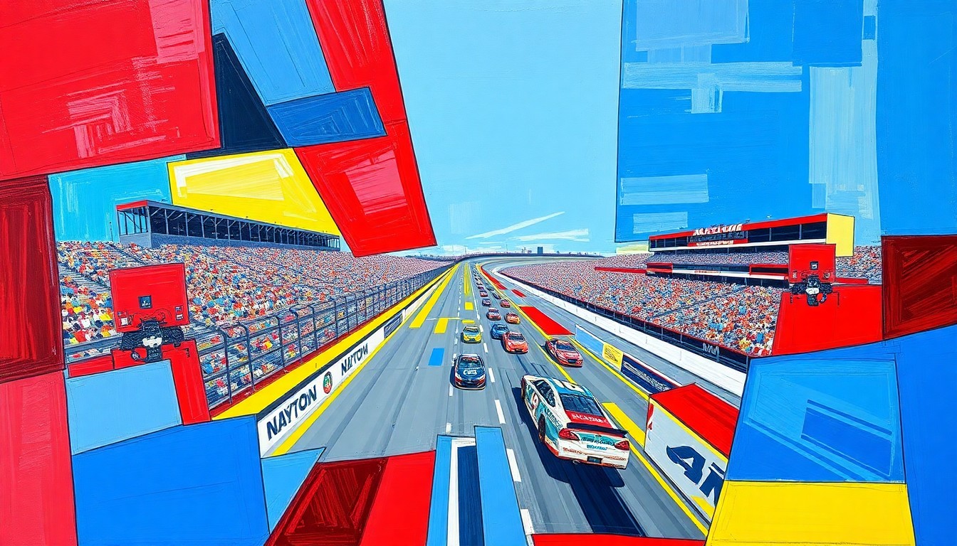 A cubist, geometric painting depicting a NASCAR race at Daytona International Speedway, with the track and cars broken down into sharp, overlapping planes of color.