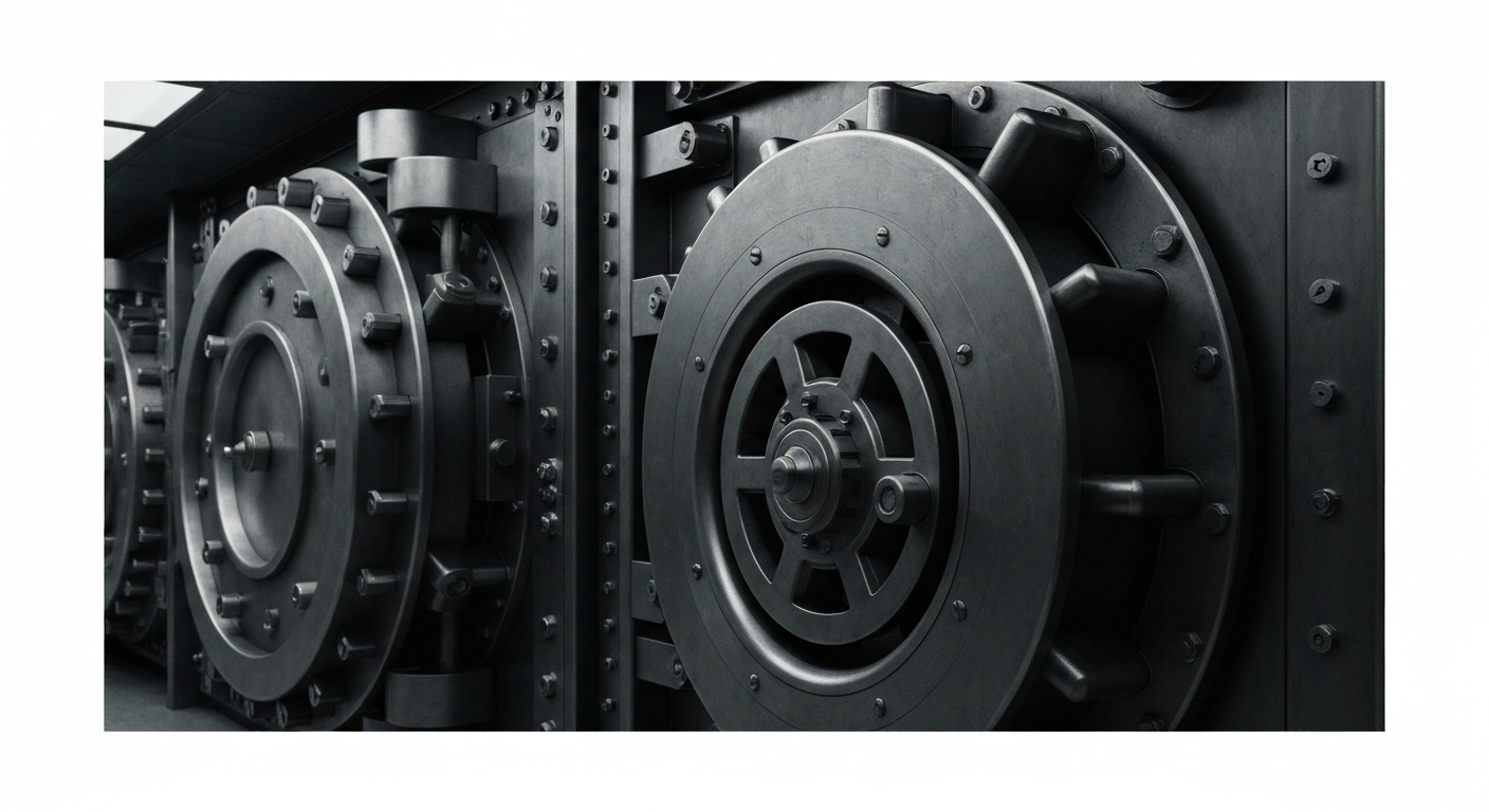 An extreme close-up of heavy, industrial banking machinery and infrastructure, such as vault doors and currency counting machines, rendered in a high-contrast, cinematic style to convey a sense of financial security and stability.