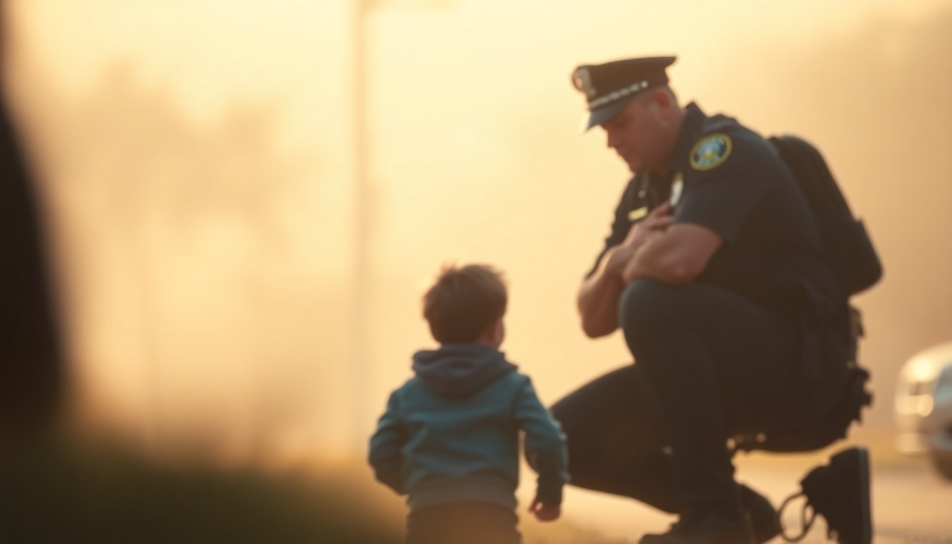 A soft, out-of-focus scene of a police officer crouching down and speaking with a young person, both figures blurred in a warm, hazy light, conveying a sense of compassion and understanding between law enforcement and the autism community.