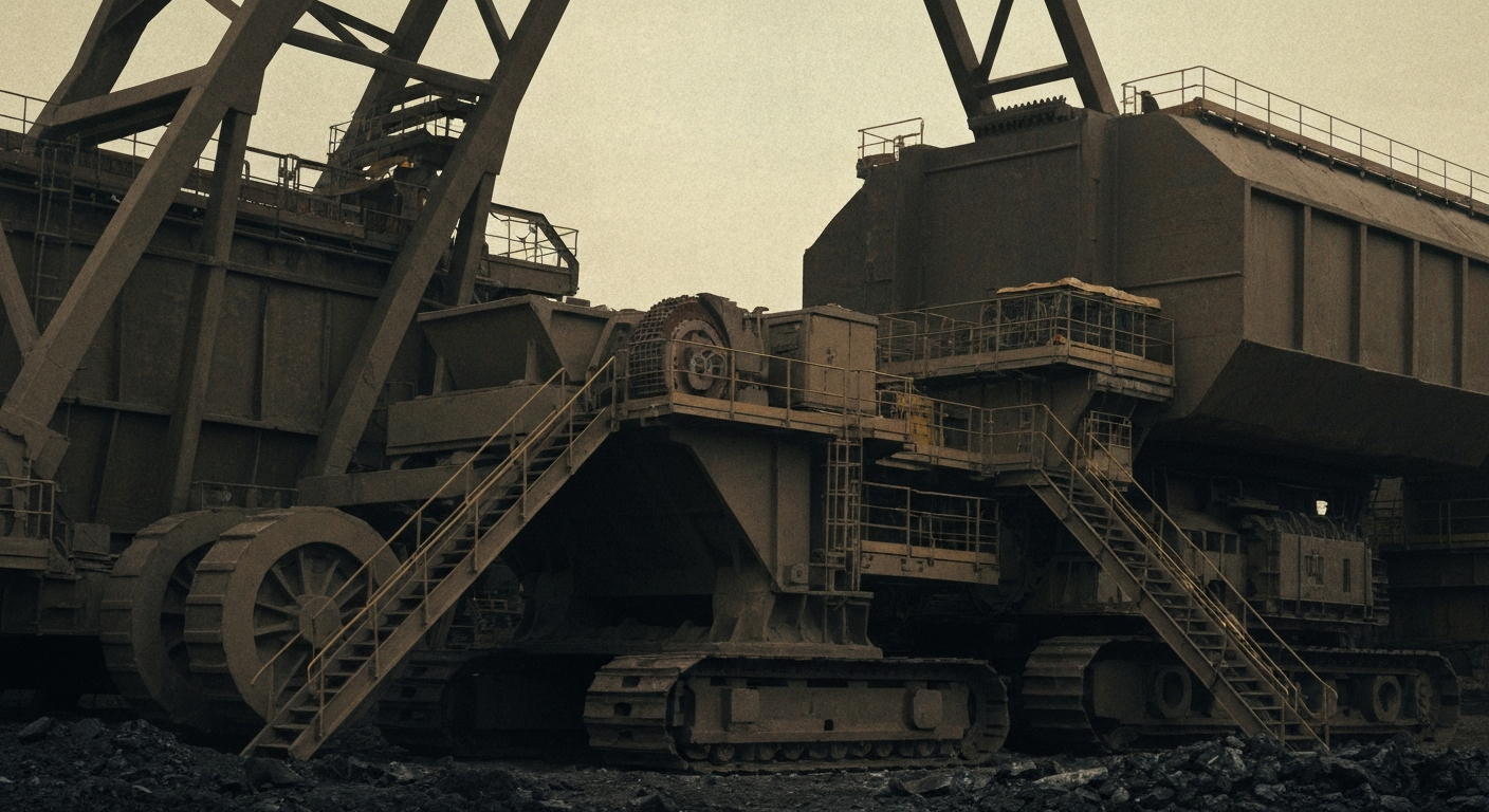 An extreme close-up of rugged, industrial mining machinery and equipment, conveying the physical, tangible nature of the metallurgical coal industry without any text or identifiable elements.