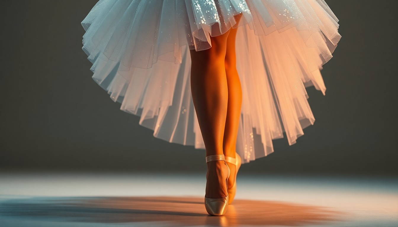 An extreme close-up of a dancer's leg in a flowing, shimmering tutu, captured in dramatic, high-contrast studio lighting to create a glitzy, high-fashion aesthetic.