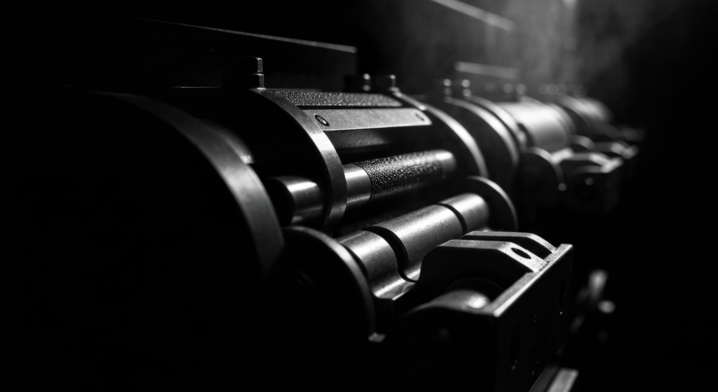 An extreme close-up of intricate, metallic banking equipment and mechanisms, conceptually representing the complex financial infrastructure underlying the housing market.