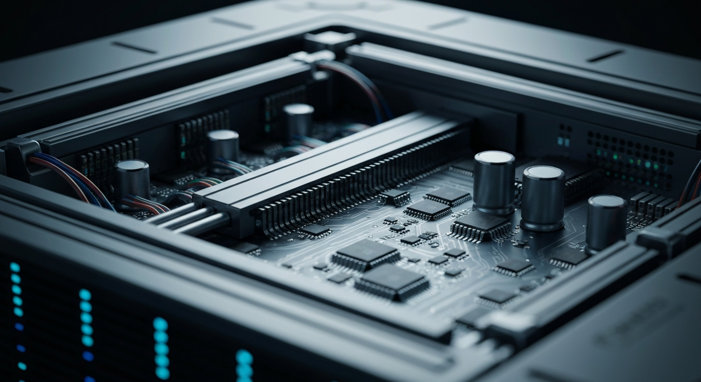 An extreme close-up of the internal components and circuitry of a cybersecurity server or network device, rendered in high detail and dramatic lighting to symbolize the complex infrastructure powering modern digital security.