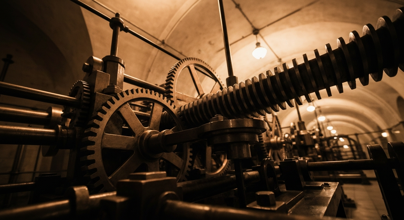 An extreme close-up of intricate, metallic banking machinery and equipment, conveying the tangible, industrial nature of the financial industry without using any literal currency or financial symbols.