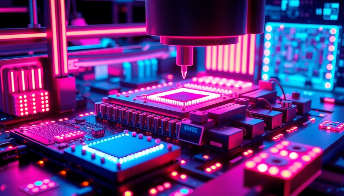 A highly detailed, glowing 3D illustration of an advanced semiconductor fabrication tool, with intricate circuitry and components illuminated by neon cyan and magenta lights, conceptually representing the state-of-the-art technology powering the future of computing.