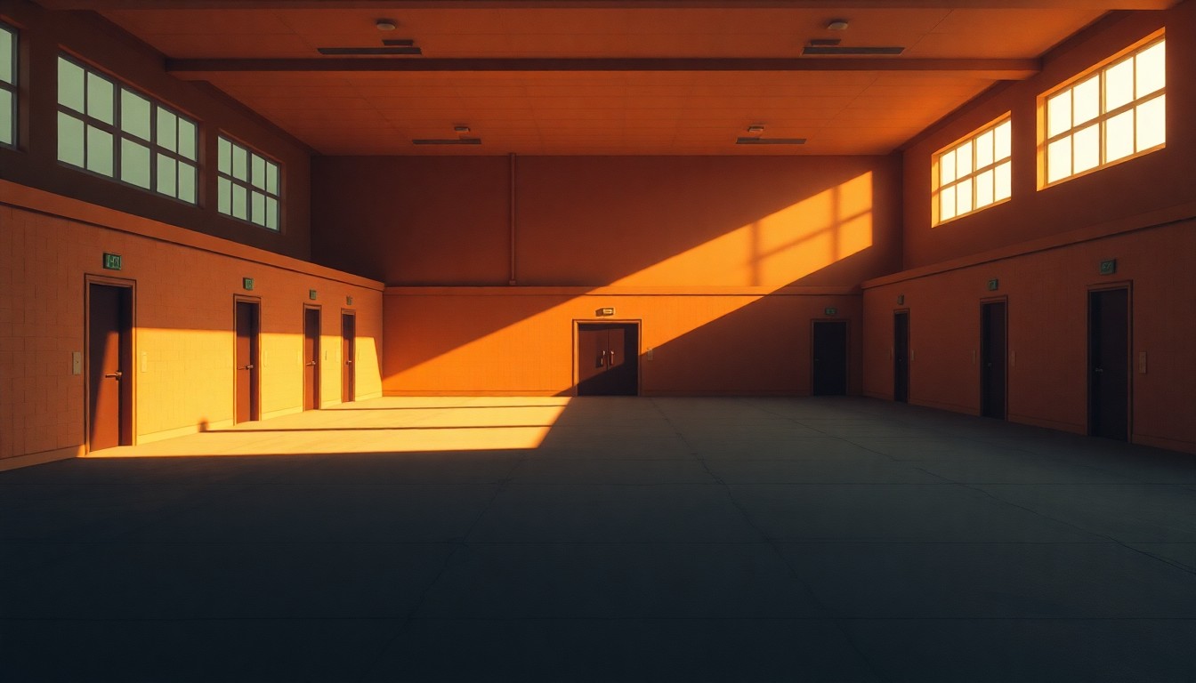 A serene, cinematic painting of a plain government building in warm, golden light, conveying a sense of quiet contemplation around the political debate over immigration detention centers.