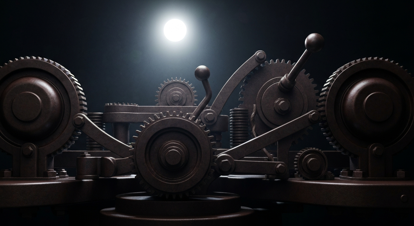An extreme close-up of a series of gears, levers, and other industrial components in muted metallic tones, conveying the idea of the intricate machinery that powers the financial markets.