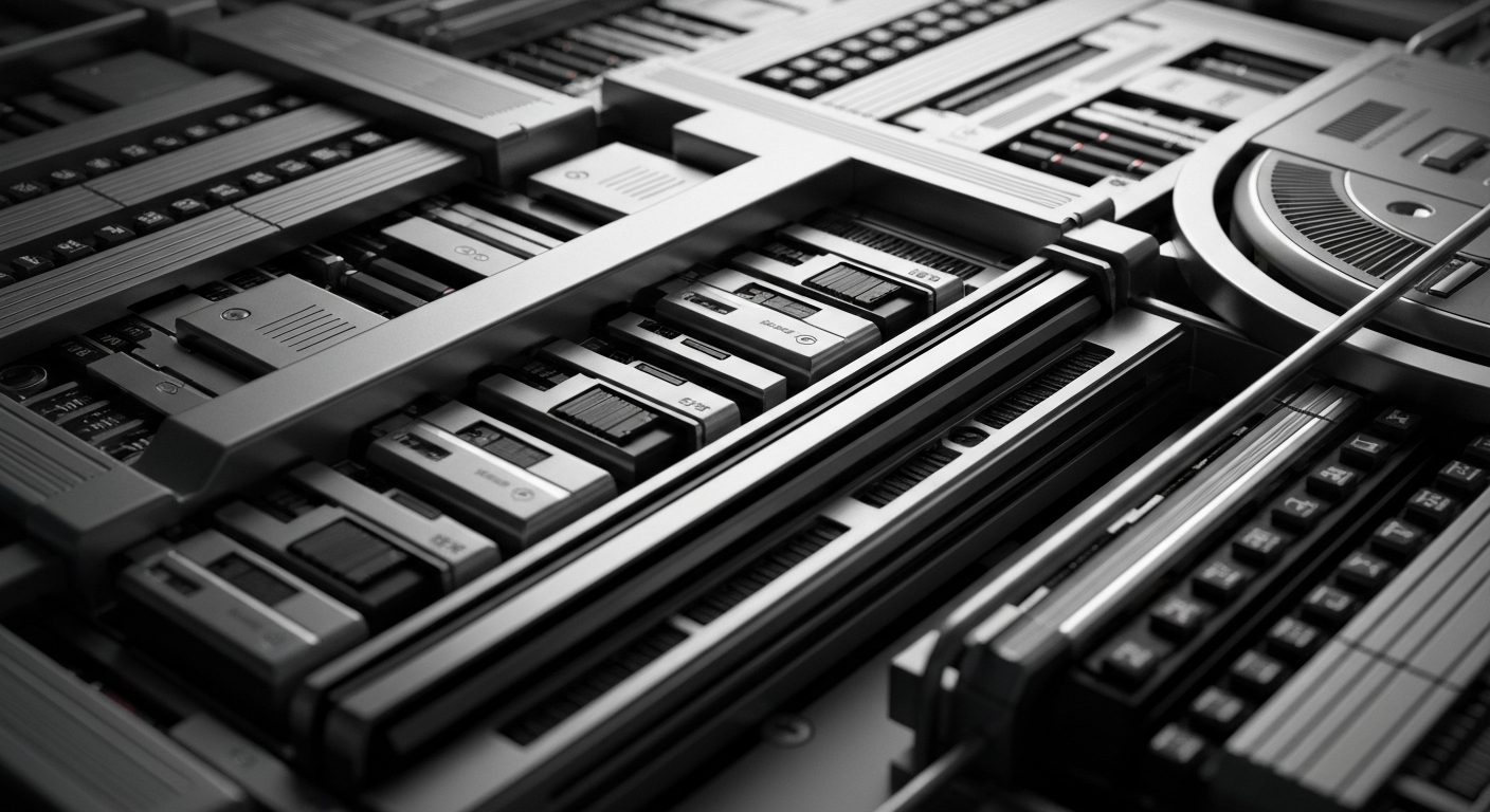 An extreme close-up of a complex array of metal gears, circuits, and computer components, conveying the heavy, industrial nature of the financial technology that powers data management software like CommVault's.