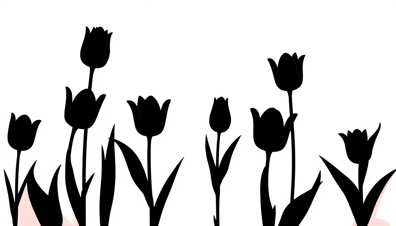 A striking abstract illustration featuring bold black tulip silhouettes in various geometric shapes and patterns, set against a high-contrast background of deep red and bright white, conceptually representing the unique black tulip farm cultivated by celebrity tattoo artist Kat Von D.