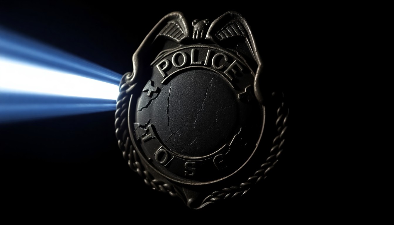 An extreme close-up photograph of a cracked and damaged police badge, capturing the gritty, investigative nature of this crime story without depicting any violence or victims.