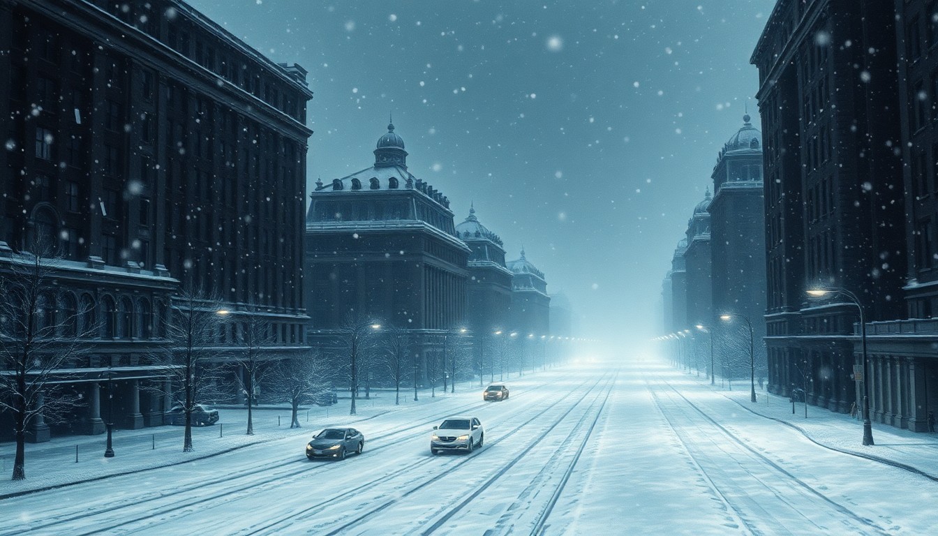 A dramatic, atmospheric landscape painting in muted blues and grays, depicting a snow-covered city street at night, with only a few dim streetlights visible through a heavy blizzard. The towering, shadowy buildings and swirling snowfall overwhelm any individual vehicles or pedestrians, conveying the overwhelming scale and power of the winter storm.
