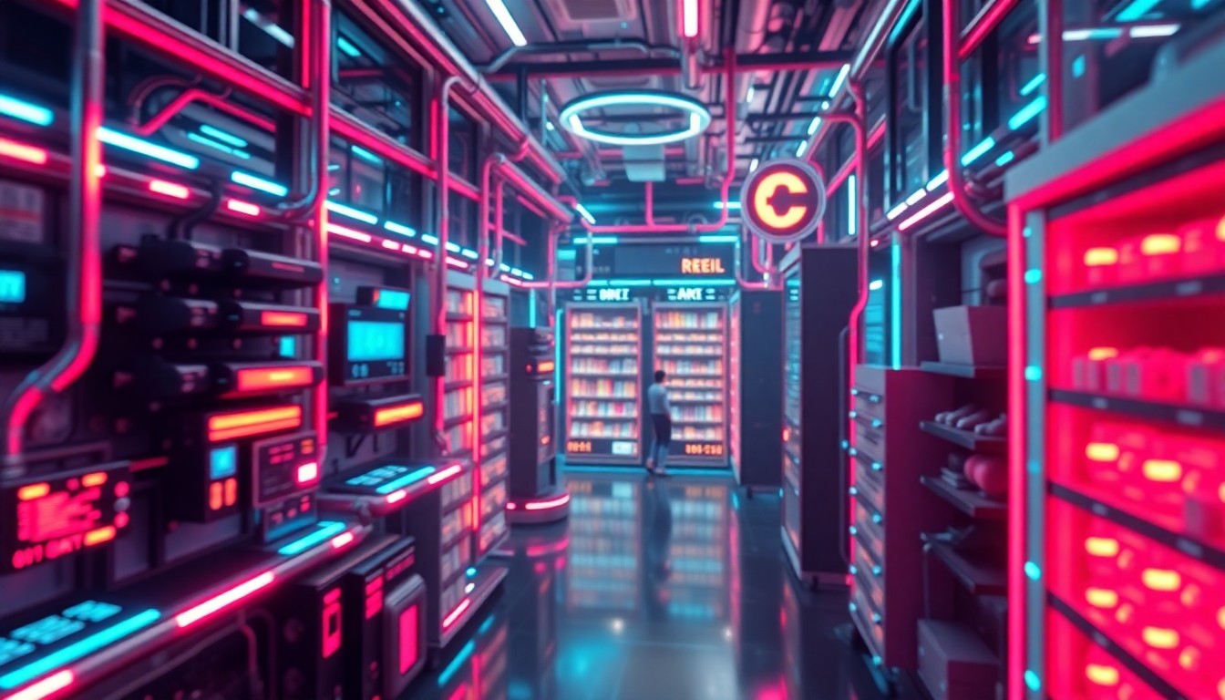 A highly detailed, glowing 3D macro illustration of a futuristic retail technology hub, with neon cyan and magenta lights illuminating the various interconnected components and data flows, conceptually representing the integration of retail systems through AI technology.