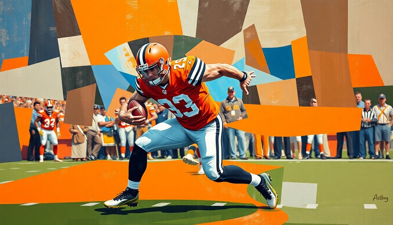 A fragmented, geometric painting in shades of orange, brown, and blue depicting a Browns defensive player in motion, conveying the dynamic and aggressive nature of the team's new defensive approach under coordinator Mike Rutenberg.