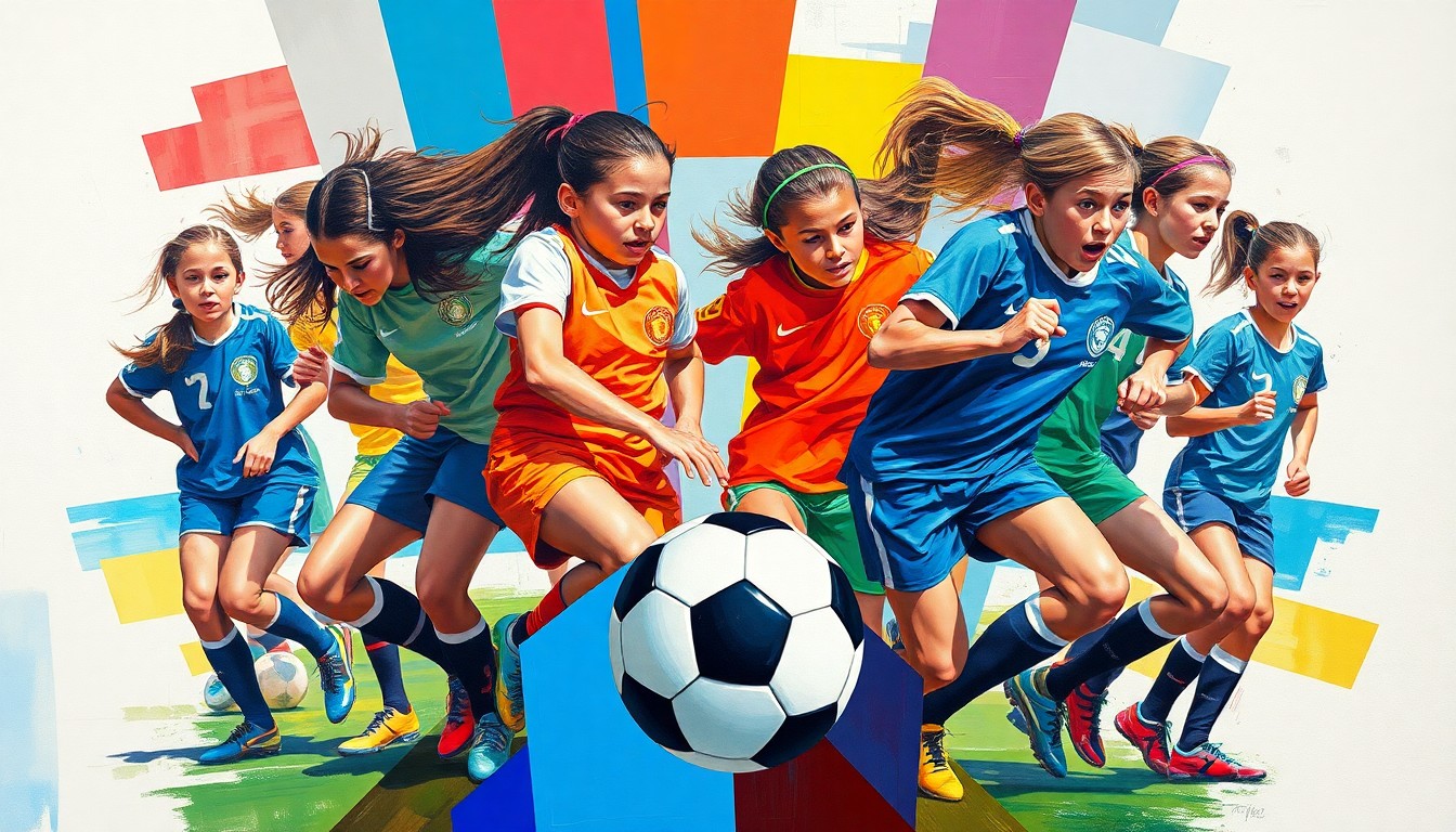 A fractured, multi-perspective painting in bold, vibrant colors depicting a girls' high school soccer match, with overlapping geometric shapes and planes representing the dynamic action on the field.