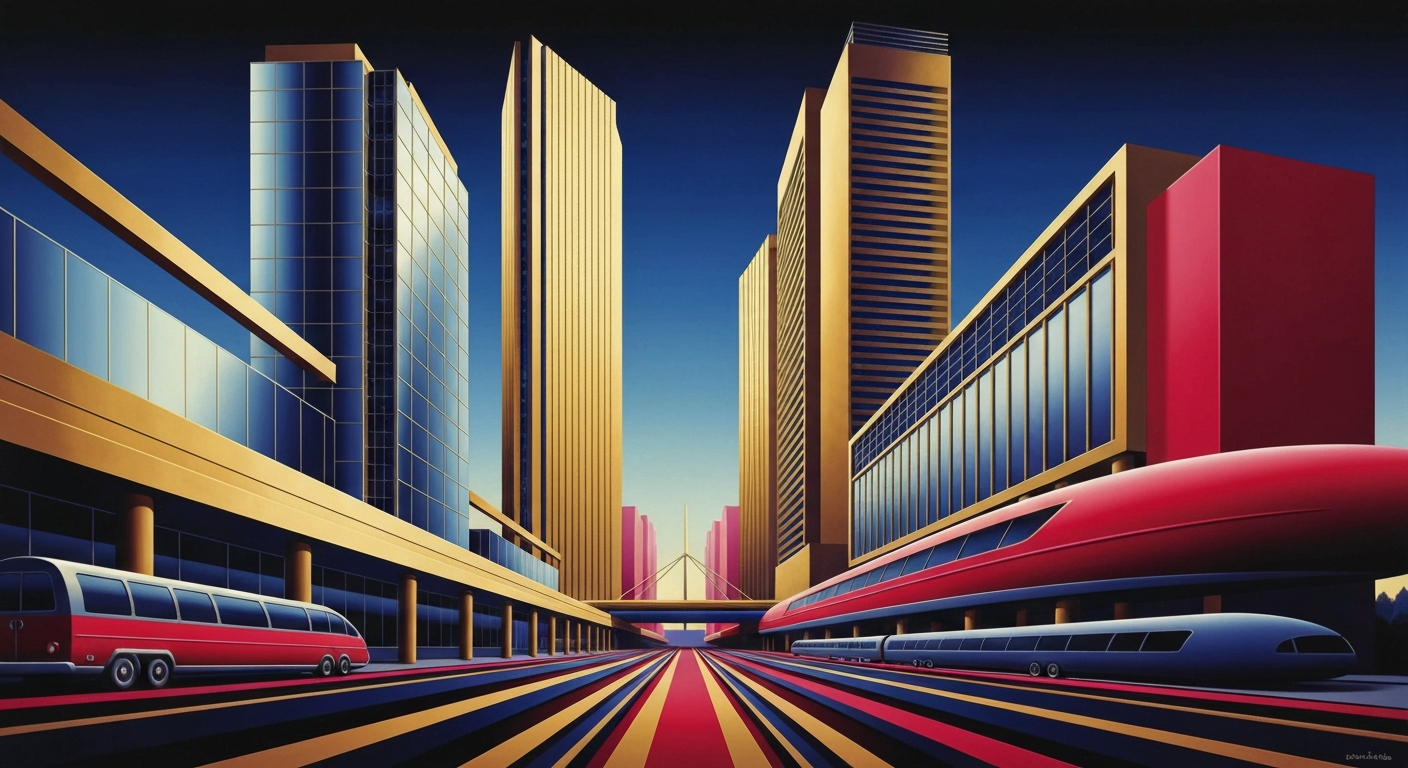 A bold, geometric illustration in metallic gold, midnight blue, and crimson red, depicting the towering facade of a modern hotel with abstract patterns and streamlined transportation, capturing the grand scale and sophistication of travel.