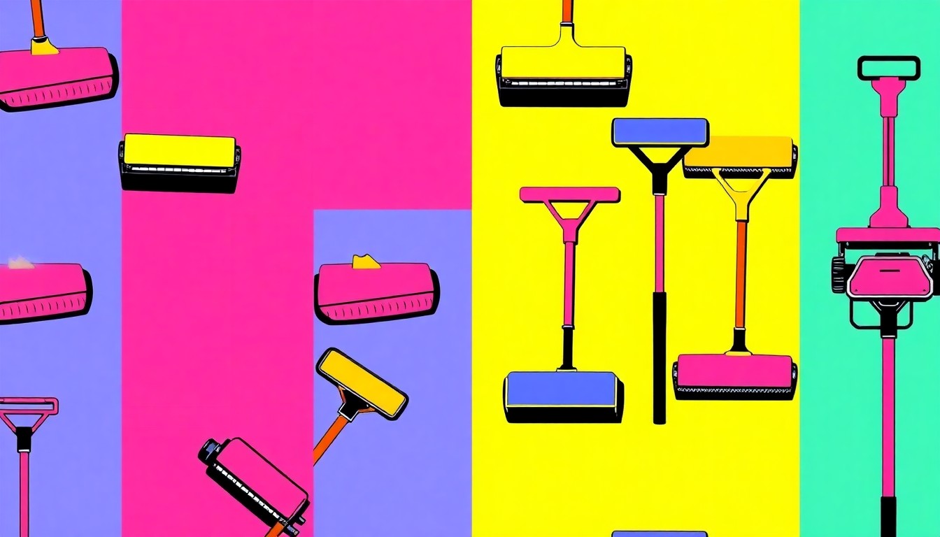 A grid of brightly colored, high-contrast silkscreen images of a single garage floor tool, such as a squeegee or paint roller, repeated in a bold, abstract pattern reminiscent of Andy Warhol's pop art style, conceptually representing the transformation of a utilitarian object into a work of art.