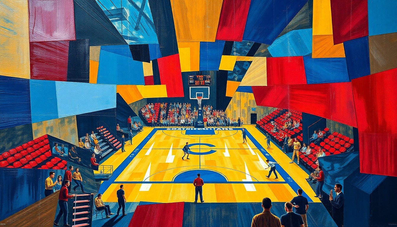 A cubist, geometric painting depicting a fragmented basketball game, with sharp, overlapping planes of maize, blue, and red, conceptually representing the fractured perspectives and energy of a championship-level college basketball contest.