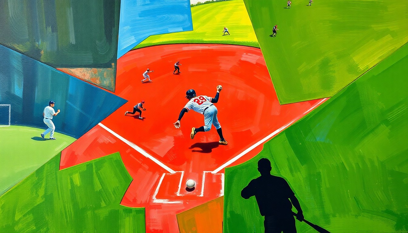 A cubist, geometric painting depicting the motion and energy of a high school softball game, with overlapping planes of green, red, and silhouetted player figures.