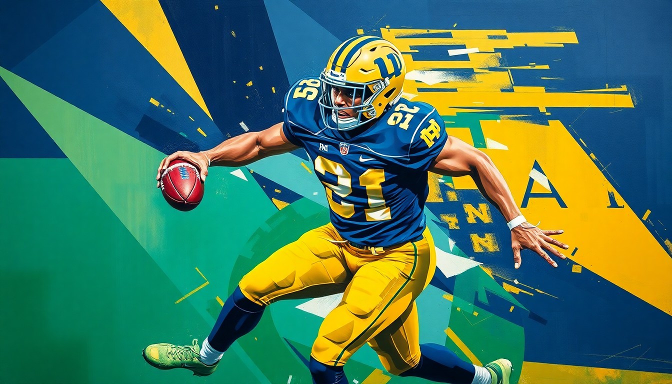 A fragmented, geometric painting depicting a Notre Dame football player in motion, with sharp planes of navy, gold, and green conveying the sport's dynamic energy.