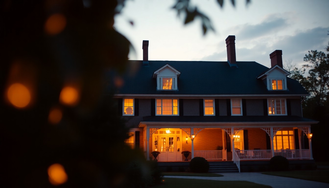 A softly focused, impressionistic photograph of an elegant historic home, its exterior bathed in warm, golden light, conveying the timeless ambiance of the venue for a community celebration.