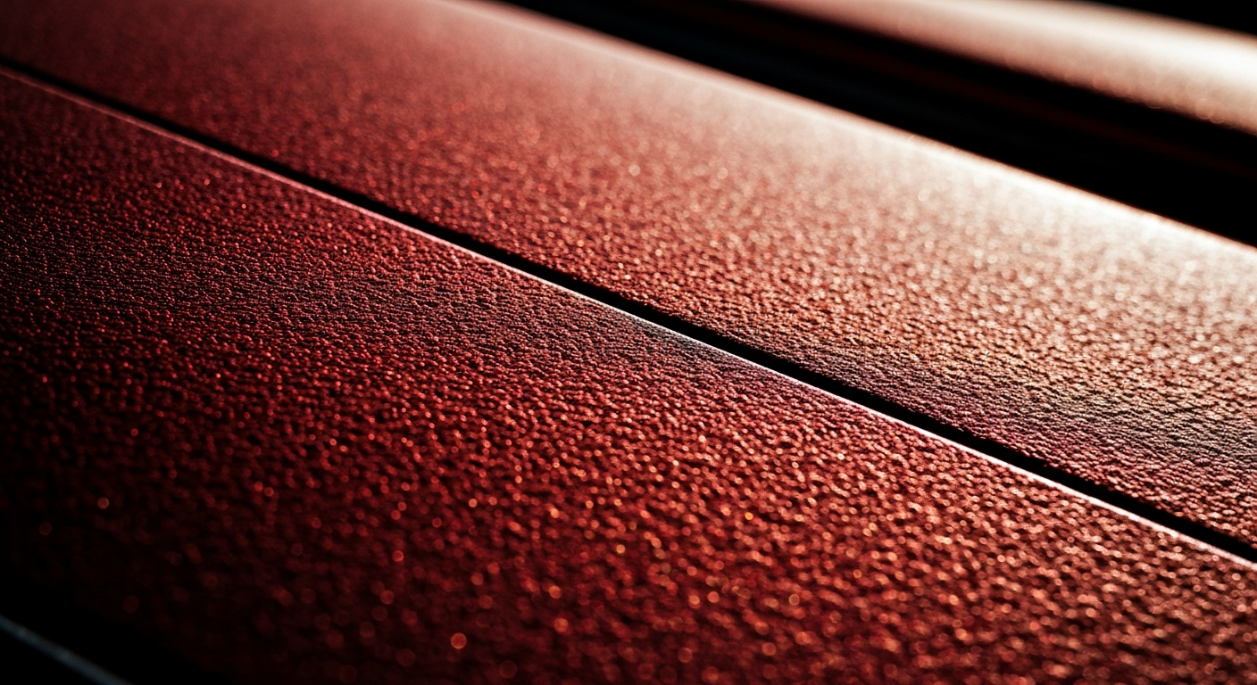 An extreme close-up photograph of a glossy, pebbled car paint surface in vibrant shades of blue, gray, and black, capturing the intricate texture and quality of automotive materials.