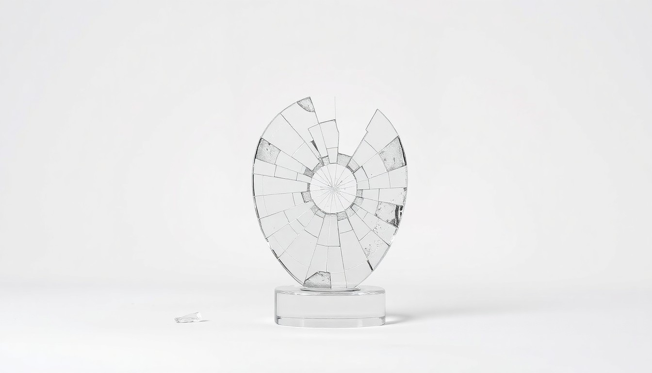 A high-end, photorealistic studio still-life photograph featuring a cracked and shattered glass trophy or award on a clean, monochromatic background, conveying the obstacles and setbacks faced by women in the media industry.
