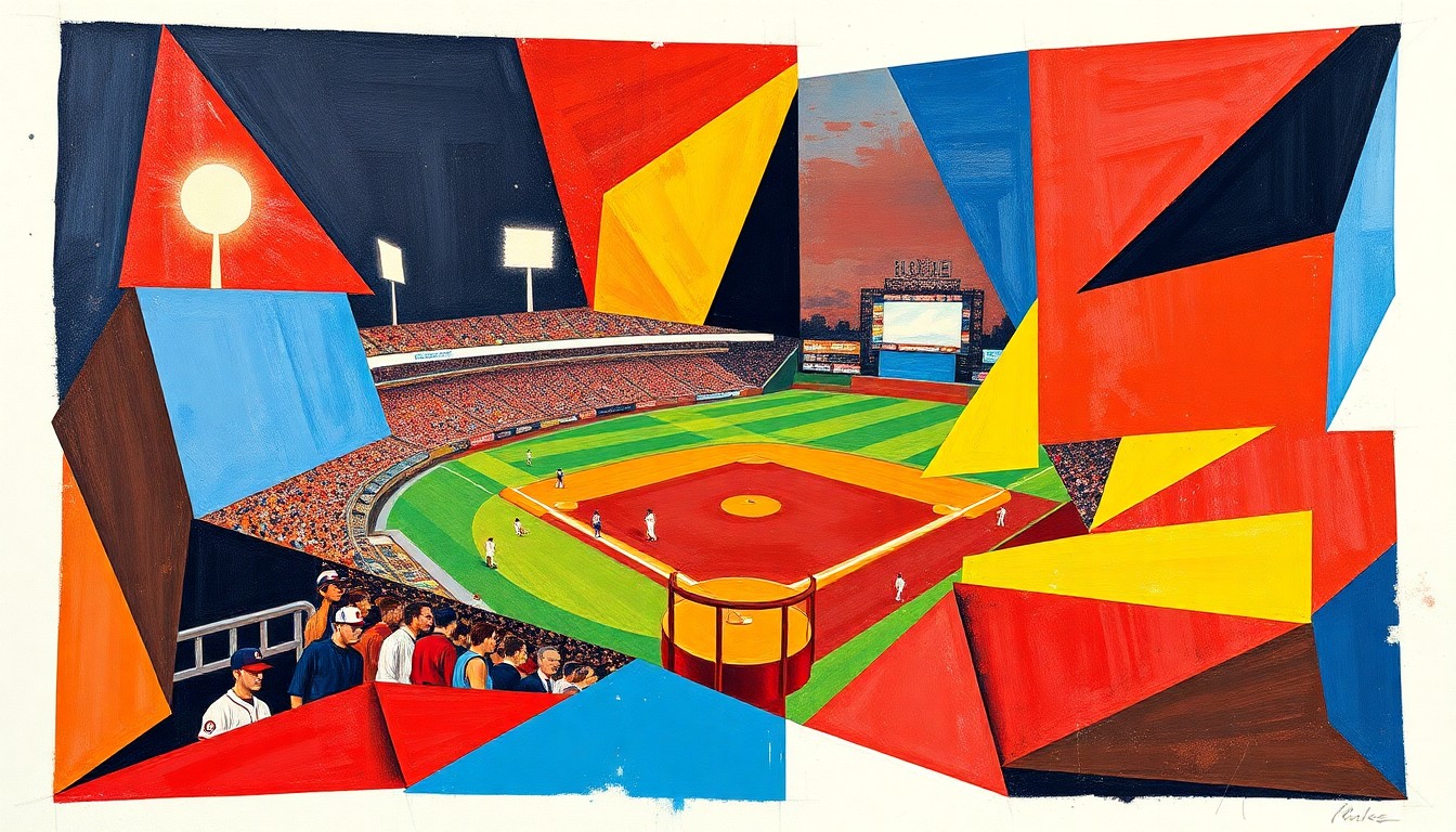 A cubist, geometric painting depicting a fragmented baseball game, with sharp planes of red, blue, and yellow overlapping to create a sense of motion and chaos on the field.