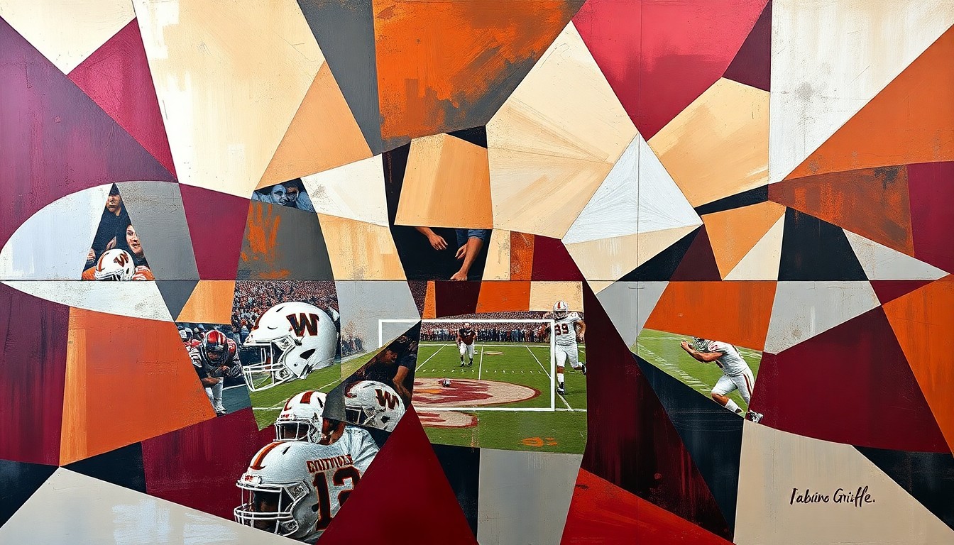 A cubist, geometric painting featuring overlapping planes of copper, silver, and maroon, abstractly representing a football game or match.