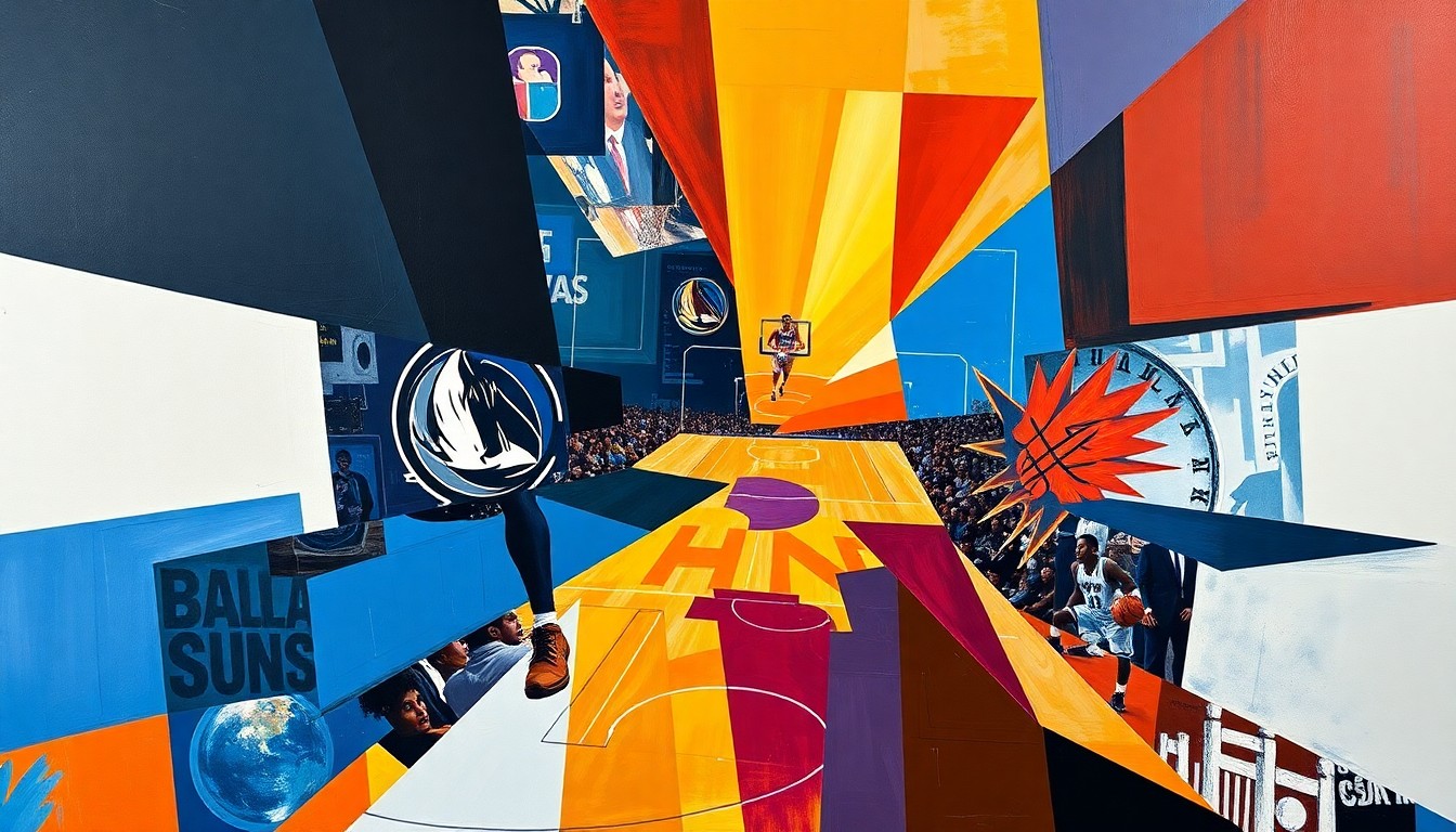 A fragmented, geometric painting depicting the dynamic action of a basketball game, with players' forms broken down into sharp, overlapping shapes and planes of color.