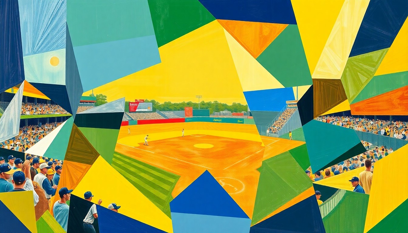 A fractured, cubist-style painting depicting a high school baseball game, with sharp geometric planes in vibrant team colors representing the dynamic action on the field.