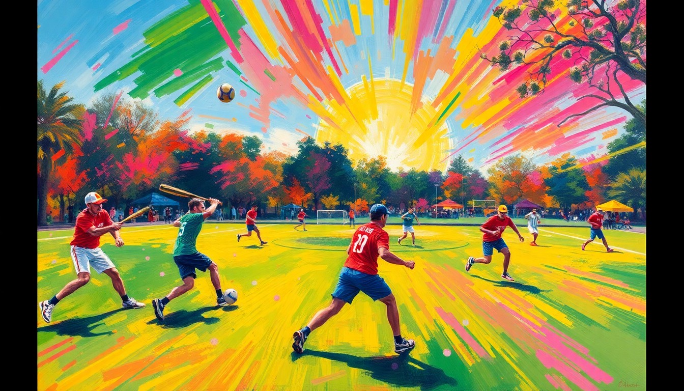 An abstract, energetic painting featuring overlapping brushstrokes of neon green, orange, and blue, capturing the dynamic motion and spirit of various sports being played in a local park setting.