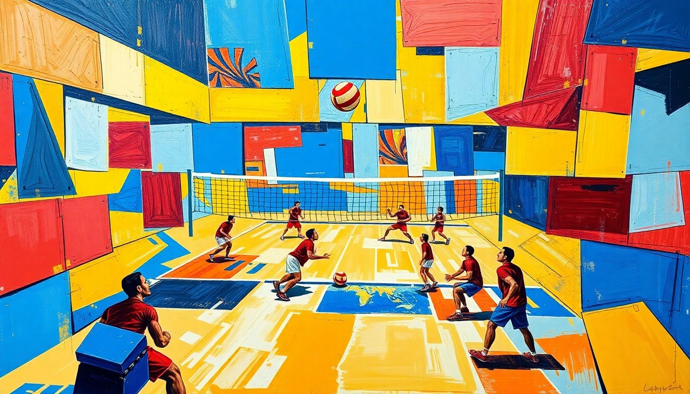 A cubist, geometric painting depicting a volleyball game broken down into overlapping planes of bright blue, red, and yellow shapes, conveying the dynamic energy and skill development focus of LC State Volleyball's summer camps.