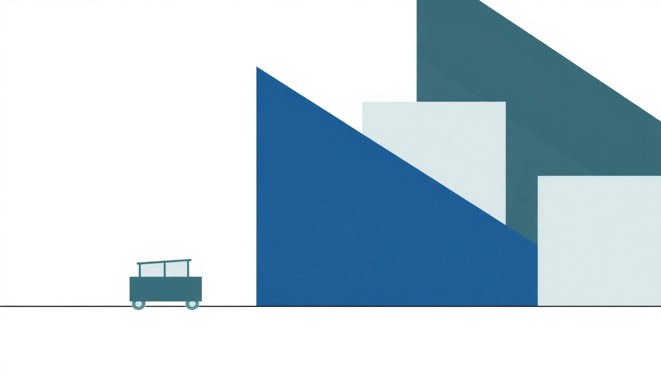 An abstract geometric composition in muted tones of gray, blue, and green, using simple shapes and lines to represent the complex, interlocking systems of global trade and supply chains disrupted by economic shocks.