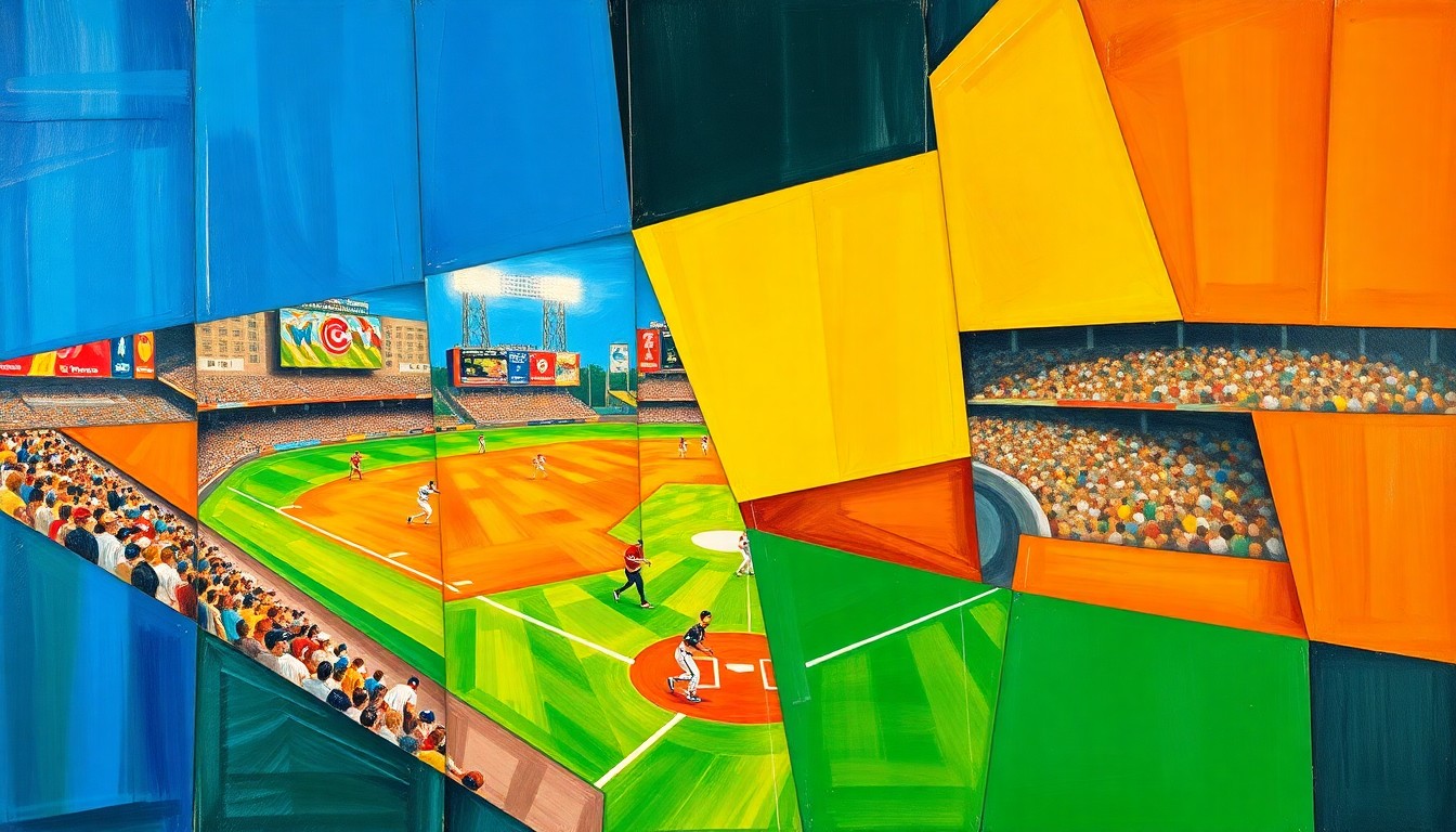 A cubist-style painting featuring sharp, overlapping geometric shapes in vibrant colors like deep blue, bright orange, and emerald green, conceptually representing the dynamic action and energy of a baseball game.