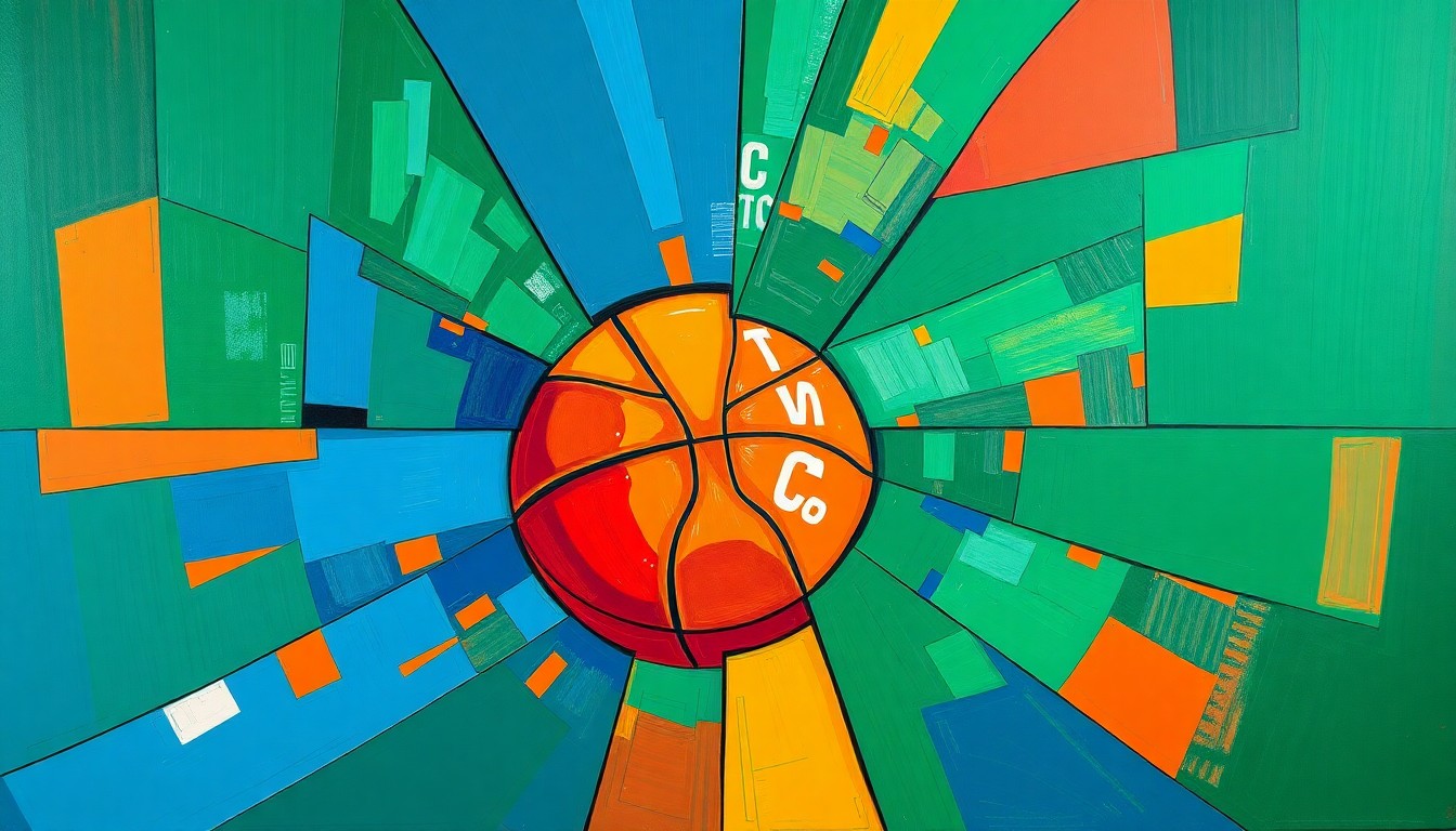 A fractured, geometric painting depicting a basketball game in progress, with players and the court broken down into sharp, overlapping planes of vibrant colors.