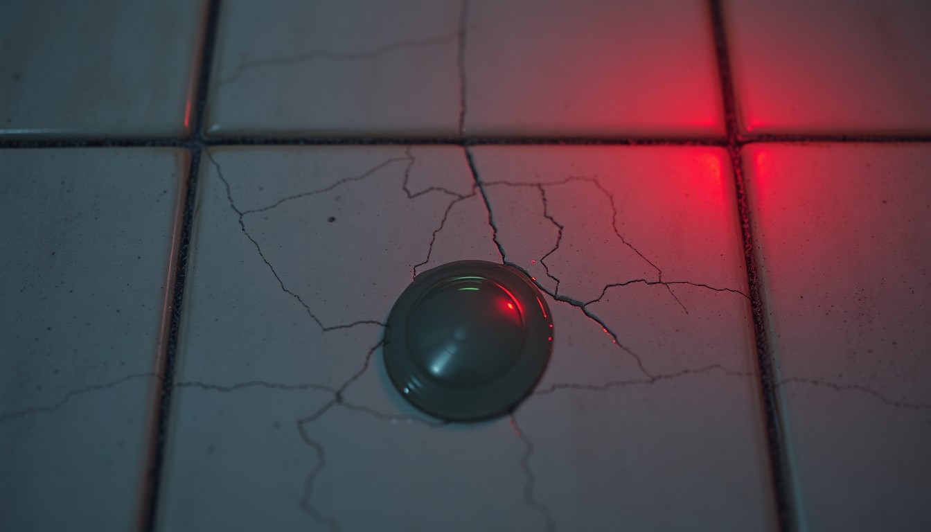 An extreme close-up of a wet, cracked bathroom tile with a single drop of water reflecting a faint red light, conveying the stark, gritty aftermath of a failed drowning attempt.
