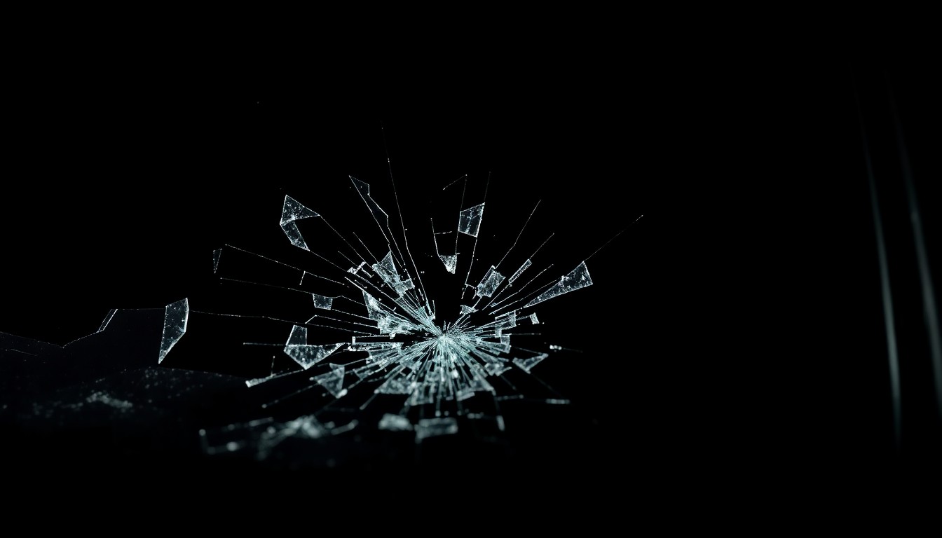 An extreme close-up of a shattered glass surface reflecting a faint, harsh light, conceptually representing the aftermath of a violent domestic incident.