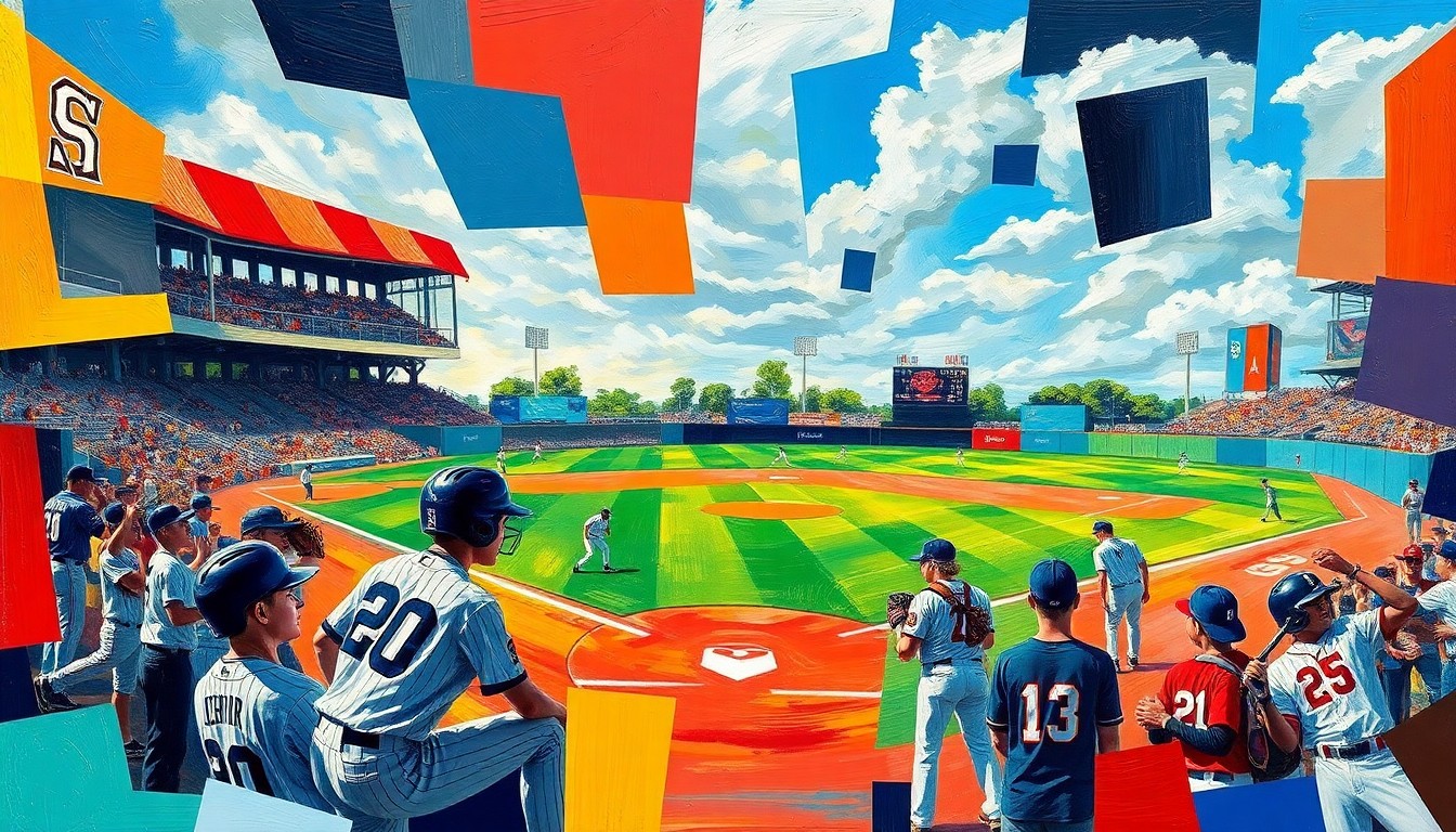 A fragmented, geometric painting depicting a high school baseball game, with sharp, overlapping planes of color representing the players, field, and energy of the sport.