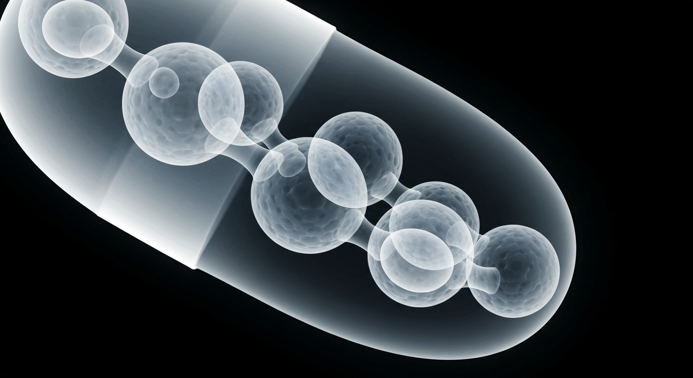 A highly detailed, ghostly X-ray image showing the intricate molecular structure of a pharmaceutical capsule or pill, conceptually representing the new experimental opioid drug DFNZ and its potential as a safer pain management solution.