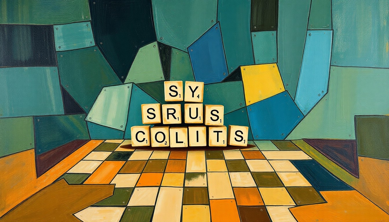 A fragmented, geometric painting depicting a Scrabble game in progress, with letter tiles and game pieces broken down into sharp, overlapping shapes in a palette of blues, greens, and ochres, conveying the competitive and intellectual nature of the sport.