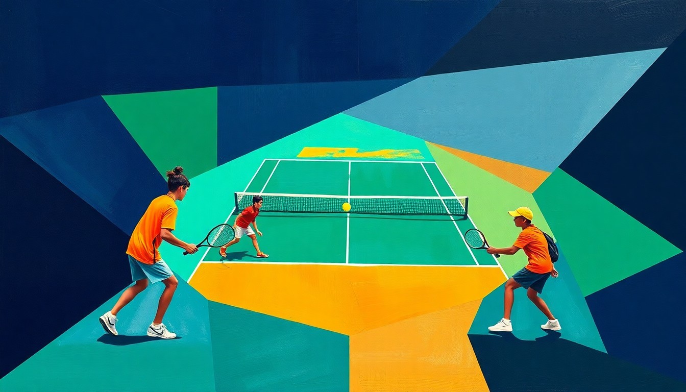 A cubist-style painting featuring overlapping geometric shapes in navy, emerald, and ochre, representing the movement and action of a high school tennis match.