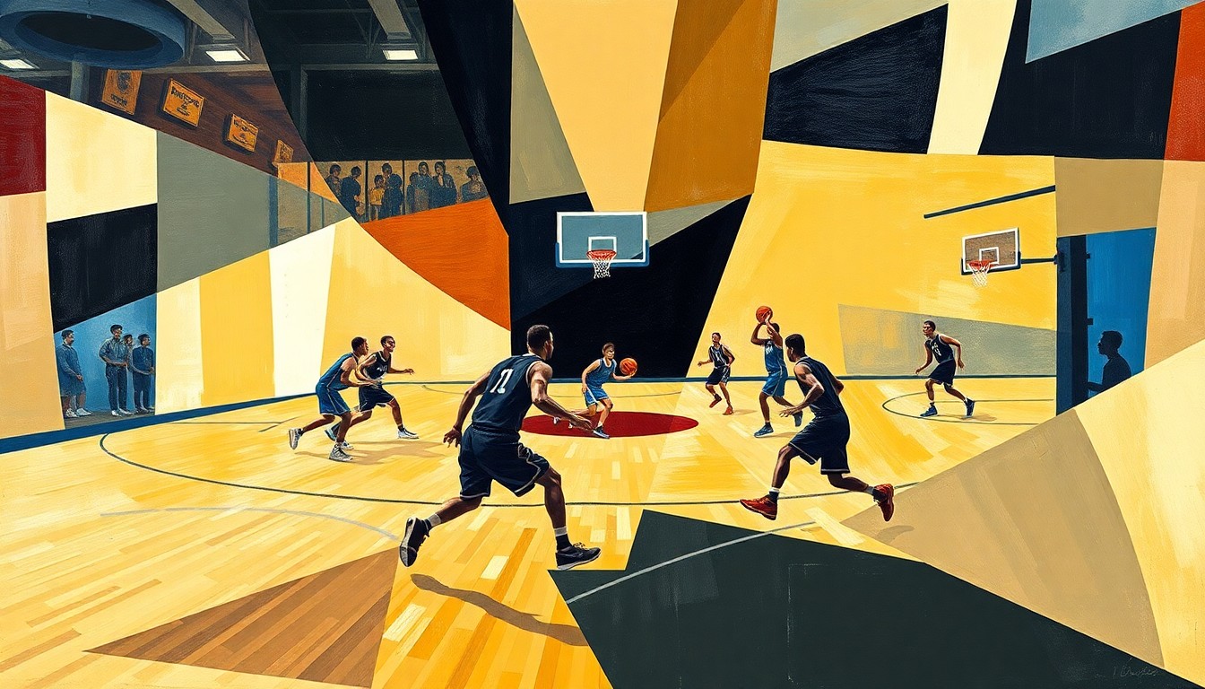 An abstract, cubist-style painting featuring overlapping geometric shapes and planes in shades of blue, orange, and green, representing the movements and action of a high school basketball game.