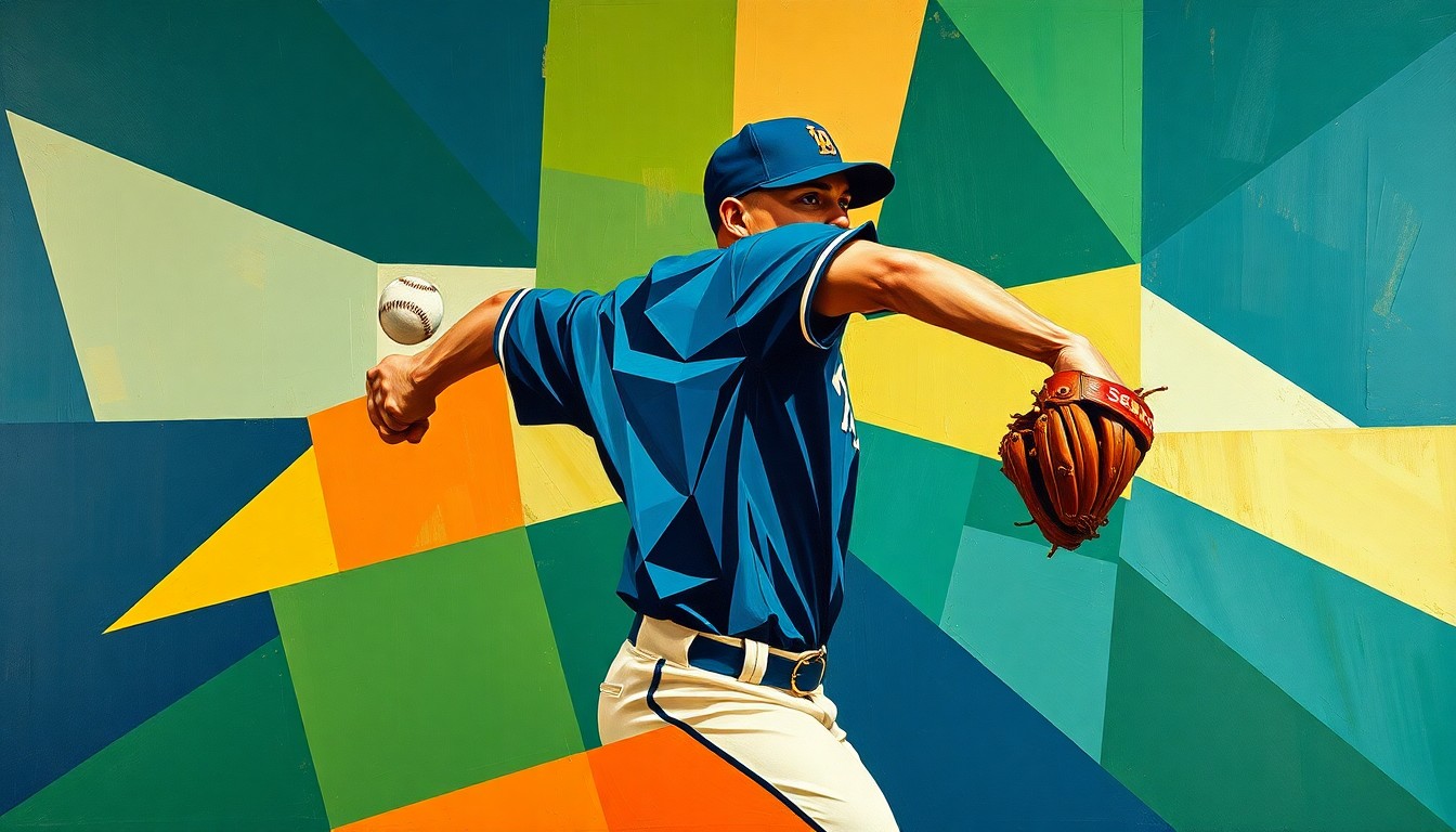 A cubist-style painting depicting a baseball pitcher's throwing motion broken down into sharp, overlapping geometric shapes in shades of navy, green, and orange, conveying the complex physical toll of a season-ending injury.
