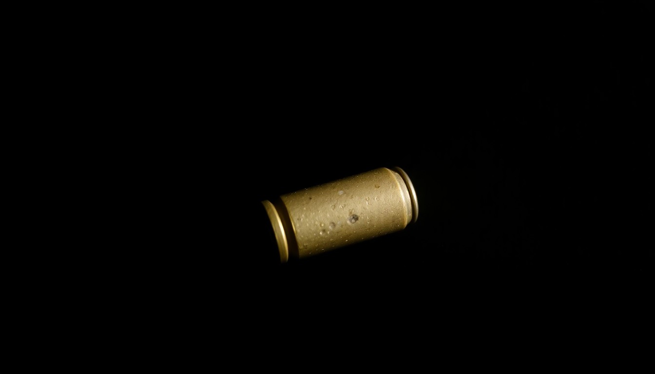 An extreme close-up photograph of a single spent shell casing or bullet fragment, the metallic surface reflecting harsh light and casting dramatic shadows, conceptually representing the limited physical evidence in this violent crime case.