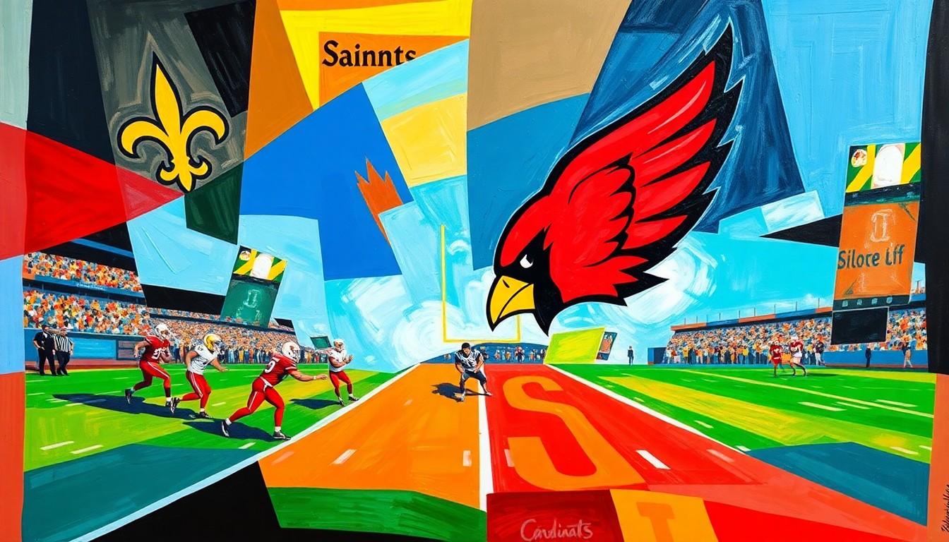 A fragmented, cubist-style painting depicting a football game or match, with sharp, overlapping geometric shapes in the vibrant colors of the Saints and Cardinals teams, capturing the raw energy and movement of the sport.