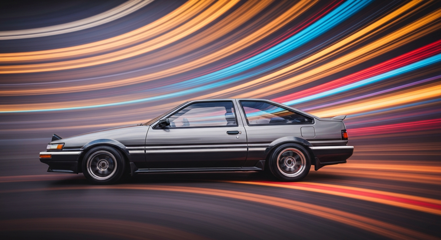 An abstract, colorful image created with a slow shutter speed and panning motion, depicting a Toyota AE86 Corolla in a blur of vibrant hues and dynamic lines, conveying a sense of speed and energy.