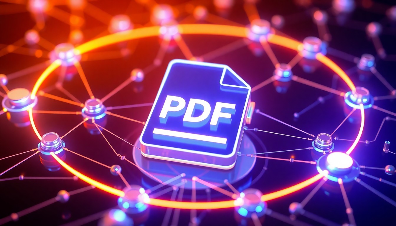 A highly detailed 3D illustration of a glowing, neon-lit PDF document icon, surrounded by a network of illuminated digital infrastructure elements, conceptually representing advanced digital accessibility solutions for government agencies.