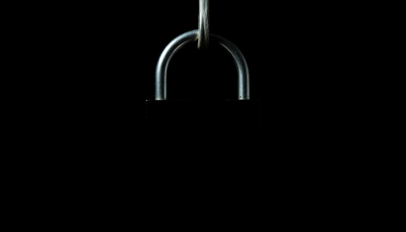 An extreme close-up photograph of a padlock against a pitch-black background, lit by a harsh, direct camera flash, conceptually representing the investigation into a school bomb threat.